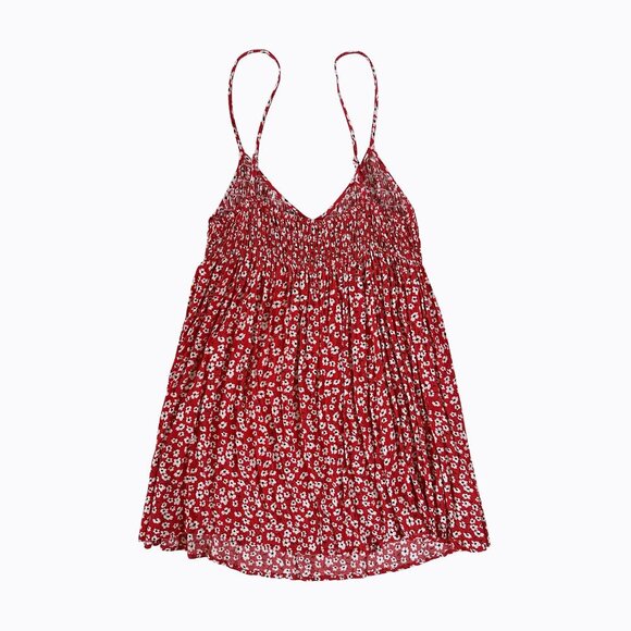 Lulus Red Floral Print Smocked Babydoll Dress V-Neck Casual Comfy Boho Beach SzS - Picture 5 of 9